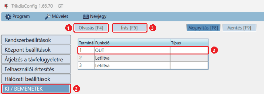TrikdisConfig, KI / BEMENETEK lap: az 1-es csatlakozás OUT, a többi Letiltva