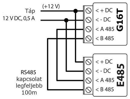 E485 Ethernet modul csatlakoztatása a G16T-hez RS485-buszon. A két eszköz közös, 12 V DC-s (legalább 0,5 A-es) tápról jár (a modul tápbemenete 9–28 V DC); az RS485-kábel legfeljebb 100 m hosszú lehet.