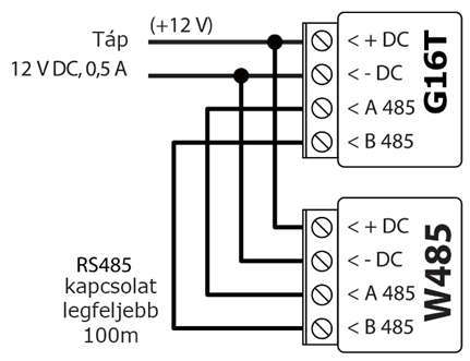 W485 Wi-Fi modul csatlakoztatása a G16T-hez RS485-buszon. A két eszköz közös, 12 V DC-s (legalább 0,5 A-es) tápról jár (a modul tápbemenete 9–28 V DC); az RS485-kábel legfeljebb 100 m hosszú lehet.