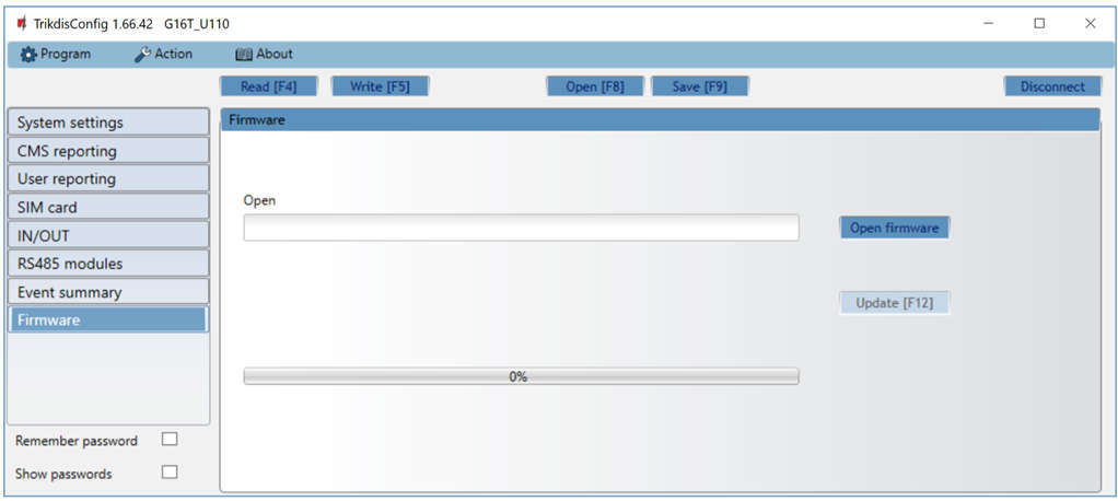 TrikdisConfig – Firmware oldal: Open firmware és Update [F12].
