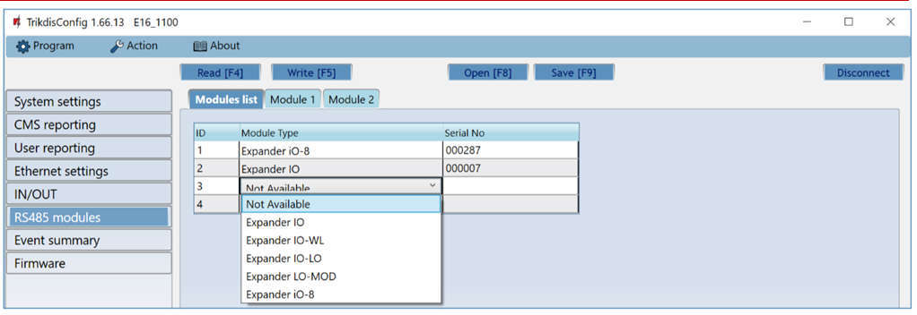 TrikdisConfig – RS485 modules, Modules list fül.