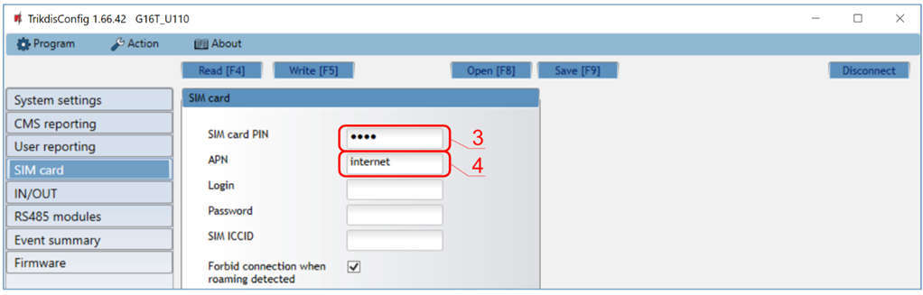 TrikdisConfig – SIM card oldal.