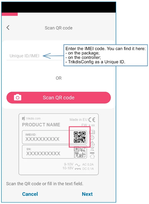 A rendszer hozzáadása a Protegus 2-ben: beírod az **IMEI/Unique ID** számot, vagy a kamerával beolvasod a matrica QR-kódját.