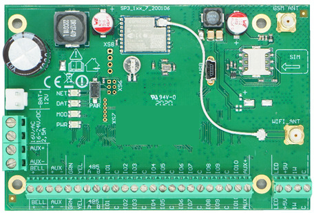 A „FLEXi” SP3 WiFi + 2G változat nyomtatott áramköre: a Wi-Fi- és a mobilhálózati antenna SMA-csatlakozója, a nano-SIM foglalata és a sorkapcsok.