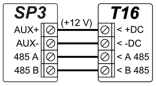 T16: AUX+ (+12 V) → +DC, AUX− → −DC, 485 A → A 485, 485 B → B 485.