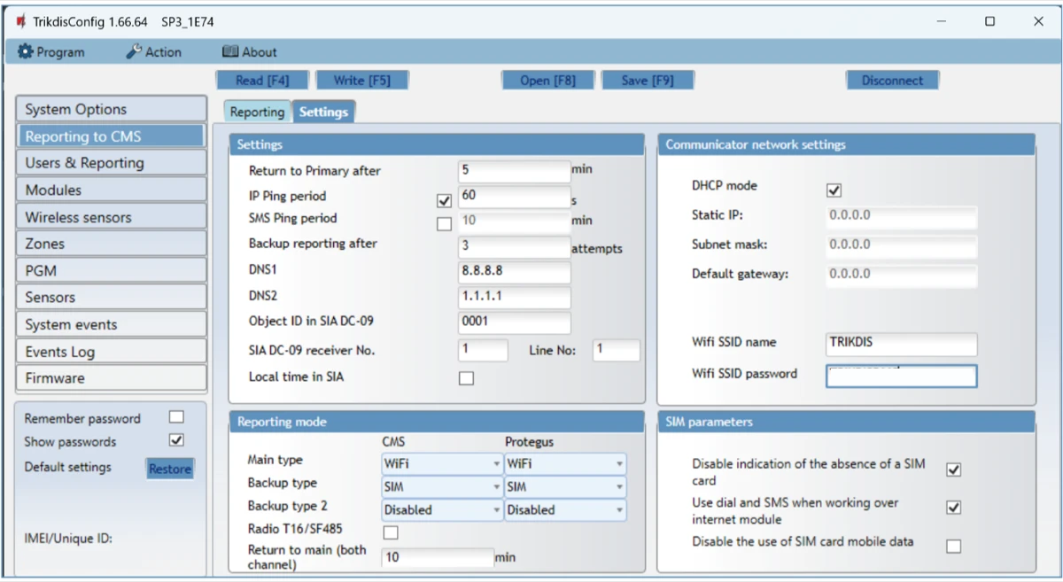 **Reporting to CMS → Settings**: ellenőrző jelek, kapcsolati sorrend, WiFi és SIM-paraméterek.