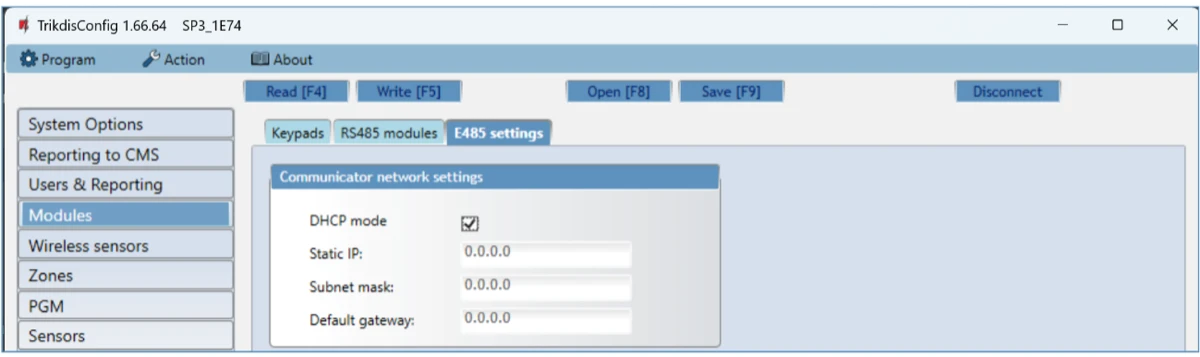**Modules → E485 settings**: az E485 LAN-modul címzése.
