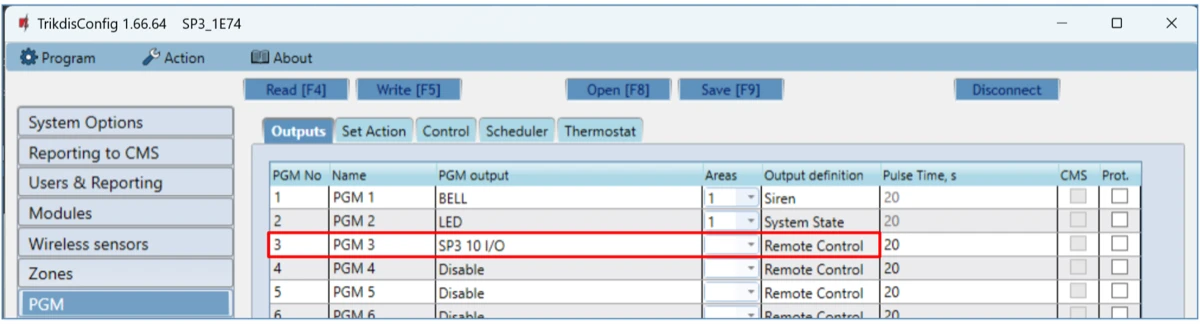 A PGM oldal Outputs füle: a 3. PGM az SP3 10. I/O kapcsán, Remote Control típussal, 20 s impulzusidővel.