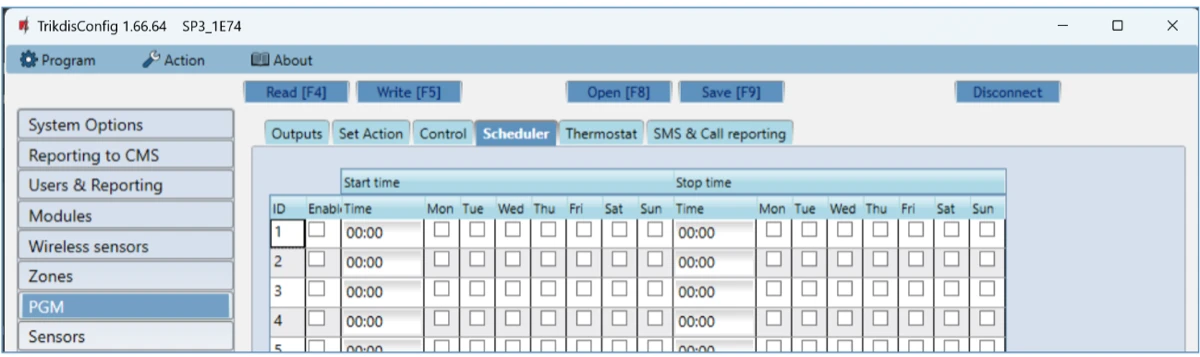**PGM → Scheduler**: a kimenetek időzítése, legfeljebb tíz ütemterv.
