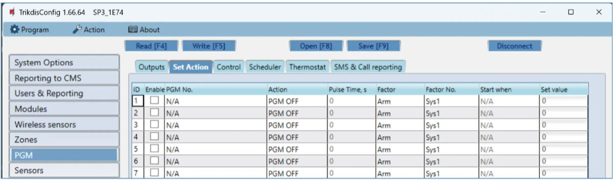 **PGM → Set Action**: eseményre, SMS-re vagy értékre kapcsoló kimenetek.