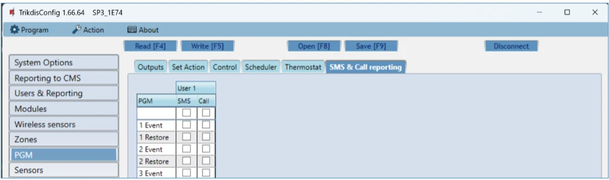 **PGM → SMS & Call reporting**: értesítés a kimenetek kapcsolásáról.