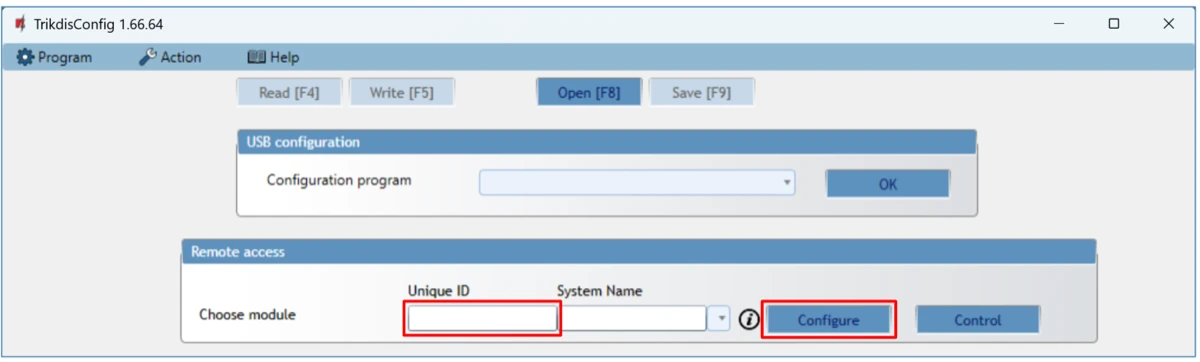 A nyitóképernyő **Remote access** csoportja: **Unique ID**, **System Name**, **Configure**.