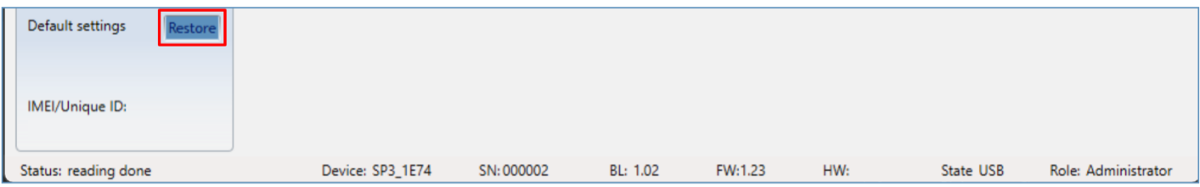 A bal alsó **Default settings** csoport **Restore** gombja állítja vissza a gyári beállításokat.