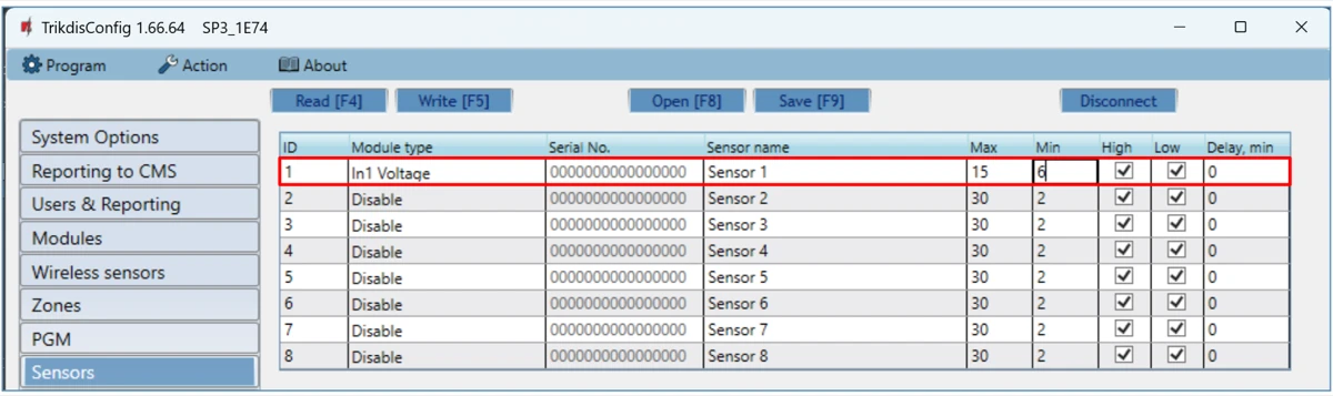 A Sensors oldal: az 1-es azonosítójú In1 Voltage érzékelő, Max 15, Min 6, High és Low bepipálva, Delay 0 perc.