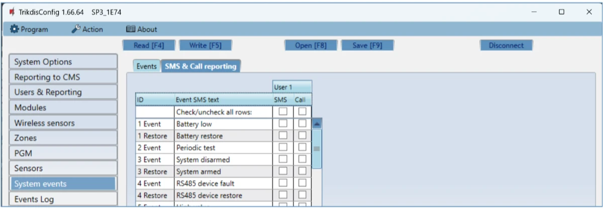 **System events → SMS & Call reporting**: értesítés a rendszereseményekről.