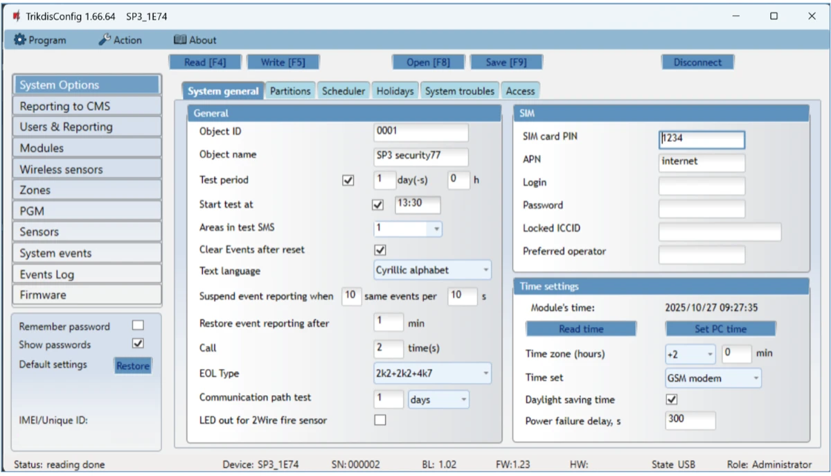 **System Options → System general**: a General, a SIM és a Time settings csoport.