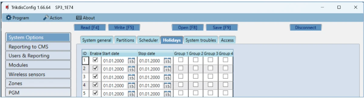 **System Options → Holidays**: ünnepnapok négy csoportban.
