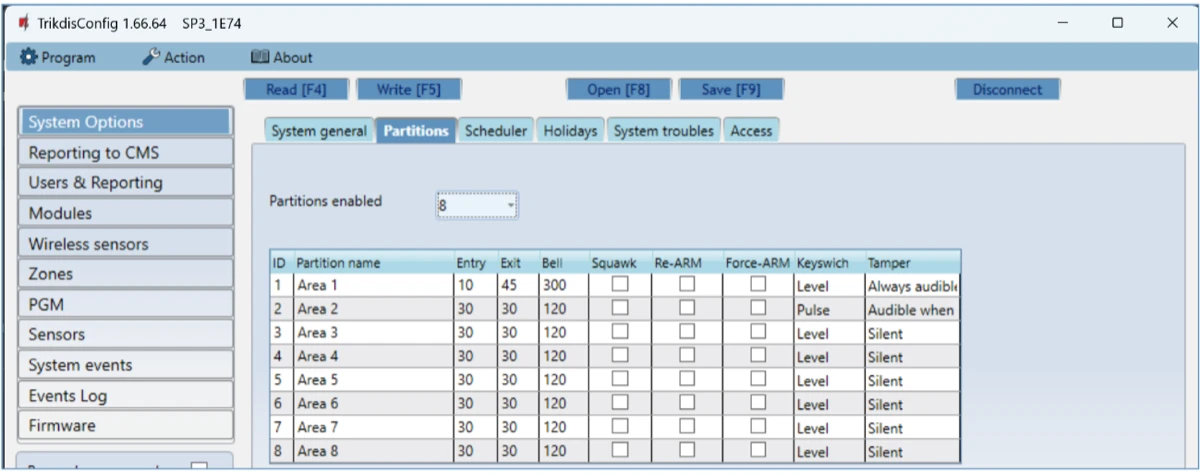 **System Options → Partitions**: partíciónként a belépési, kilépési és szirénaidő, valamint a viselkedés.