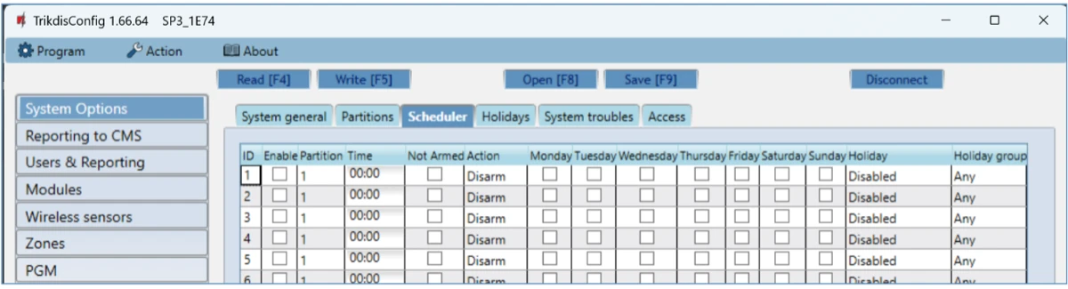 **System Options → Scheduler**: heti élesítési-kikapcsolási rend.
