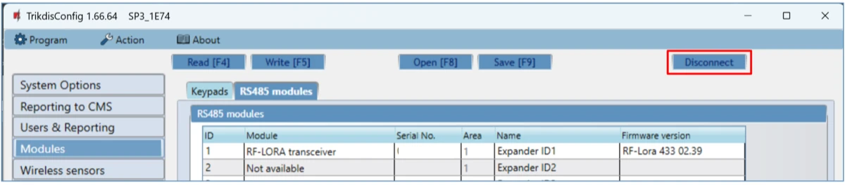 Beolvasás után megjelenik az RF-LORA firmware-verziója, ezután **Disconnect**.
